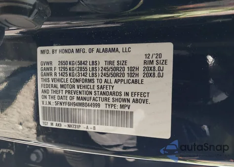 2021 Honda Pilot Awd Touring 8 Passenger z USA, uszkodzony, nr VIN 5FNYF6H94MB044999